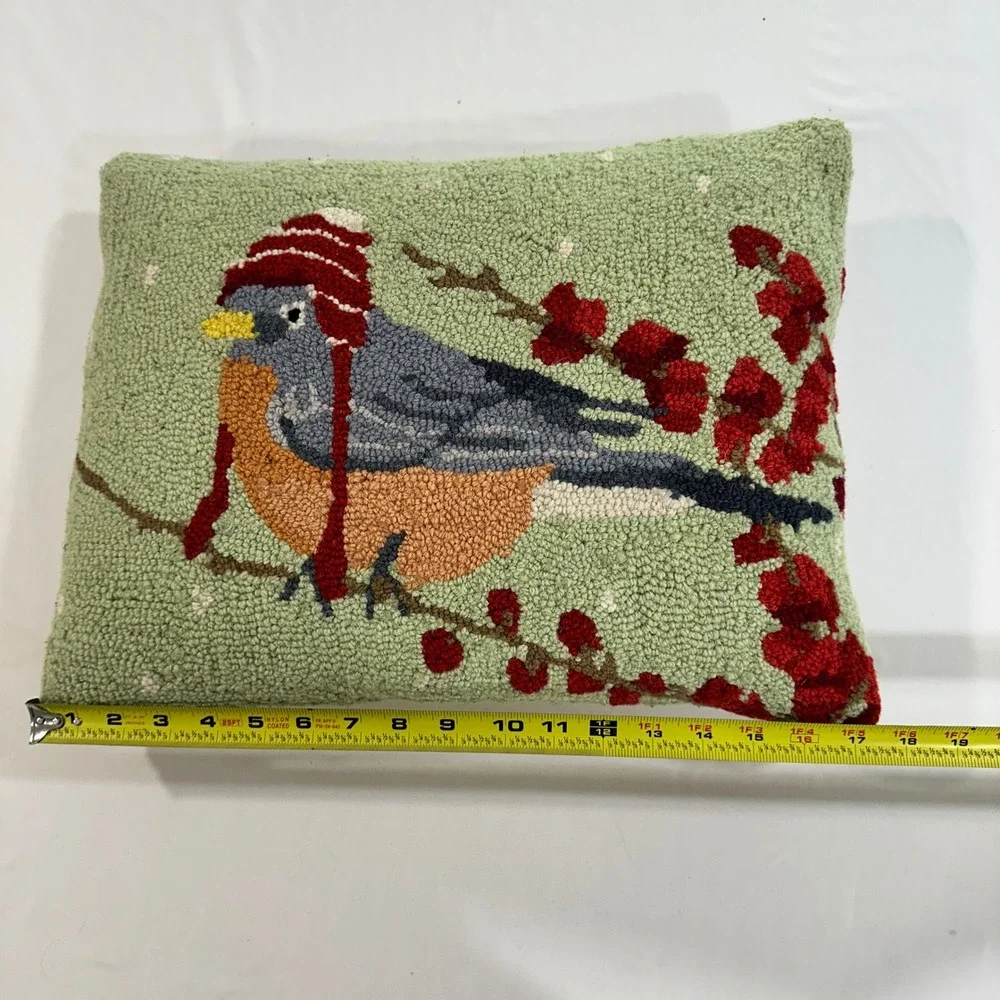 Grandin Road Hooked Wool Pillow Bluebird Winter Hat Green 18x14 Christmas Decor